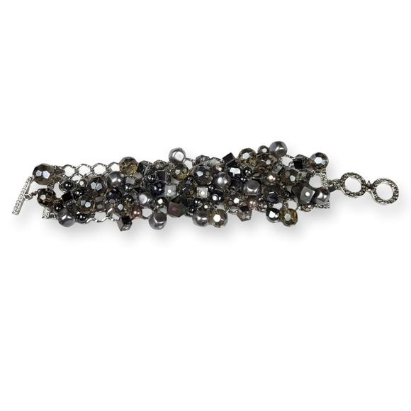Bead Charm Chain Bracelet Wide Silver Tone Gray Taupe Vintage Premier Designs - Picture 2 of 7